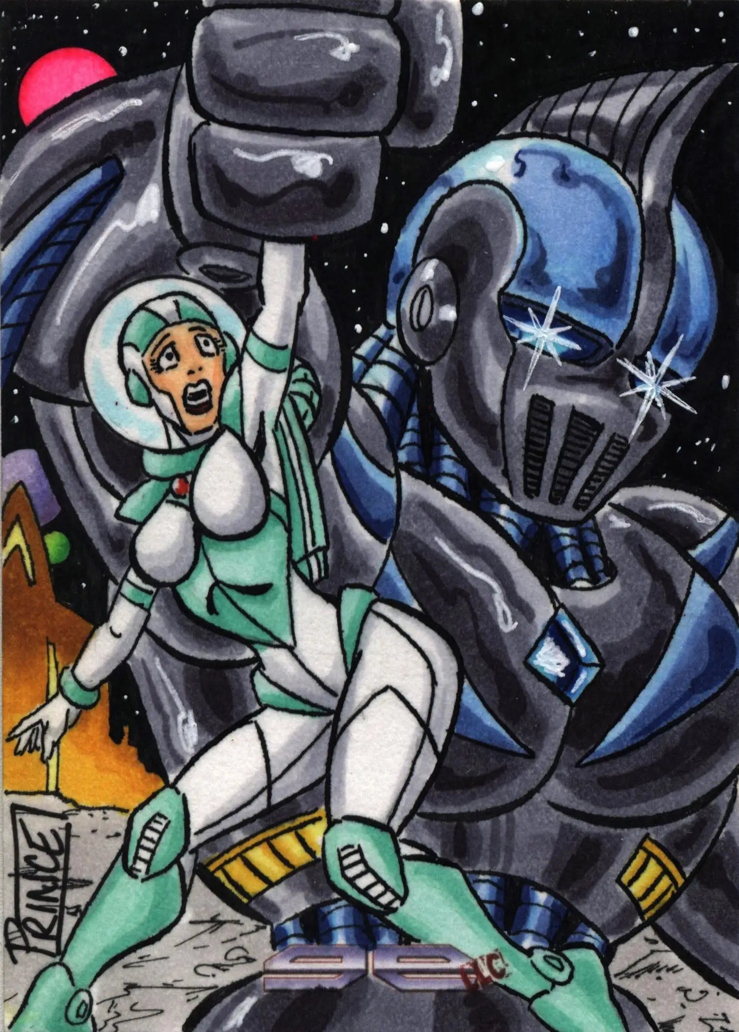 Sci-fi sketch card of Buddy Prince facing a menacing alien creature