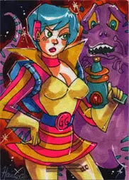 Colorful cartoon space heroine and purple alien on Hanie Mohd rare artist sketch card