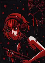 Stylized anime character Kate Hayward with red hair, headphones, and gun on sketch card