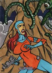 Person in red and blue outfit confronts green serpentine creature on rare artist sketch card