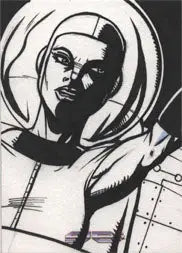 Black and white illustration of a hooded figure on a Rich Molinelli sketch card