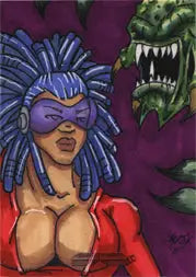 Stylized illustration of a woman with blue hair and a creature on Galaxgals Eradication sketch card