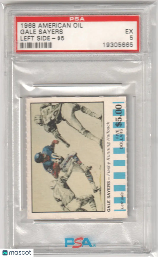 Graded Gale Sayers 1968 American Oil football card from Columbia Hobby in PSA 5 condition