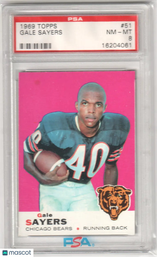 Gale Sayers 1969 Topps football card graded NM-MT 8 by PSA, Bears collectible from Columbia Hobby