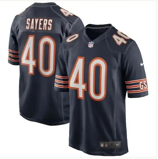 Navy blue Gale Sayers Chicago Bears Nike game jersey with orange and white trim and number 40