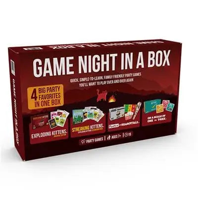 Game Night In a Box Bundle featuring Exploding Kittens and trading cards for fun evenings