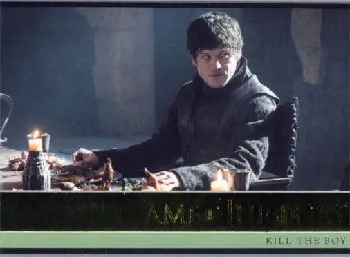 Young person in dark clothing at a table with food and candles, Game of Thrones gold parallel