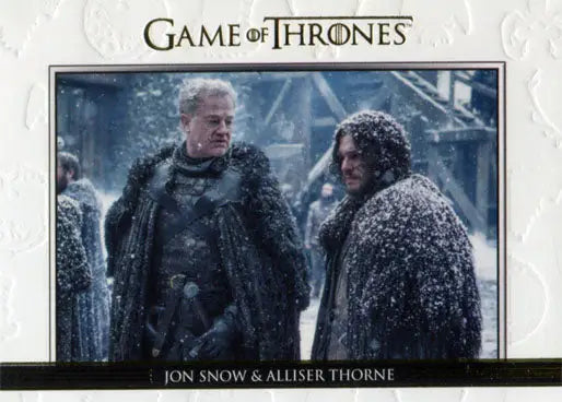 Trading card of Game of Thrones characters in snow, featuring DL28 Gold Parallel Chase