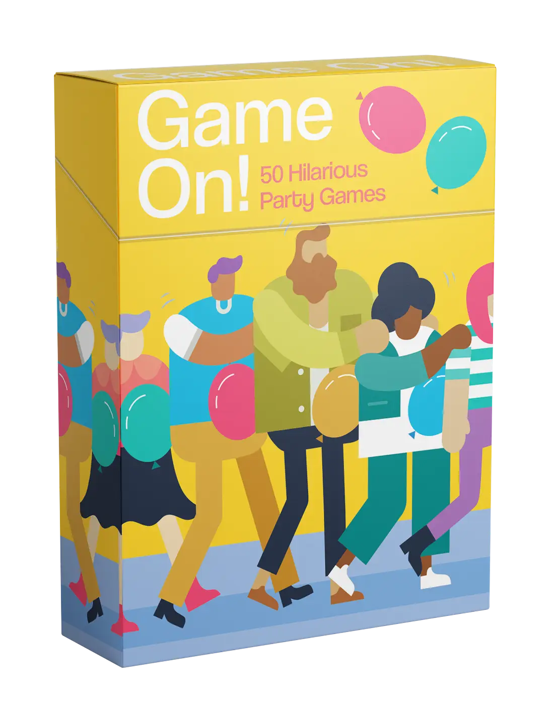 Yellow box of Game On featuring 50 hilarious party games with colorful designs and fun graphics