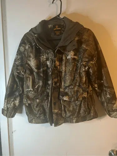 Camouflage Hunting Jacket with Removable Grey Hood and Multiple Pockets in Game Winner Heavy Lined Coat