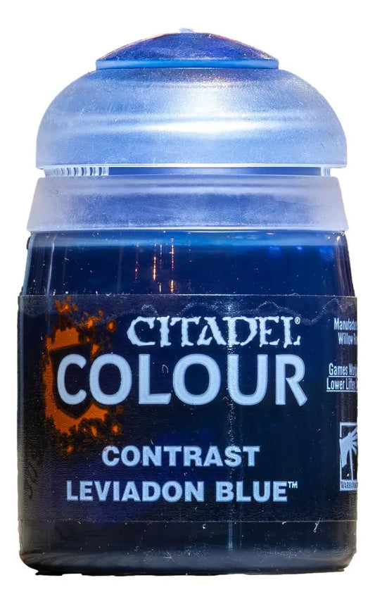 Clear plastic pot of Citadel Contrast Leviathan Blue paint for miniature models