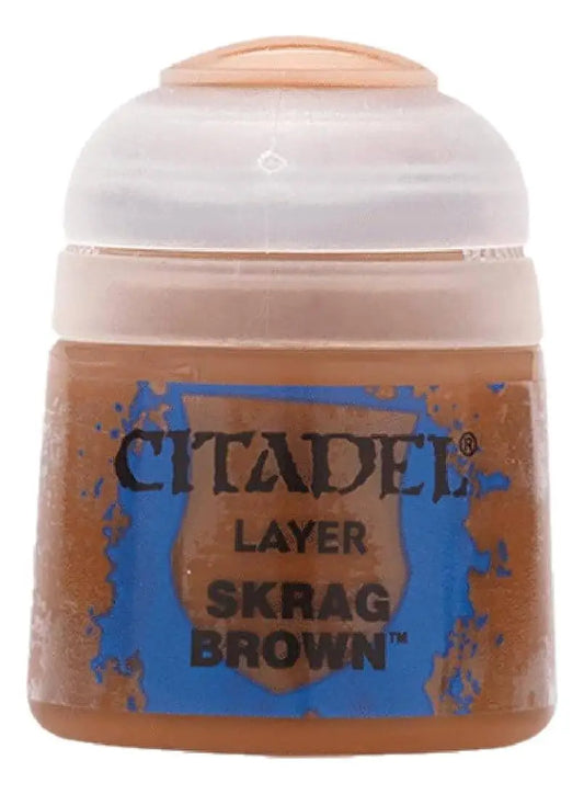 Pot of Citadel Layer Skrag Brown paint for miniatures from Games Workshop Citadel Paint line