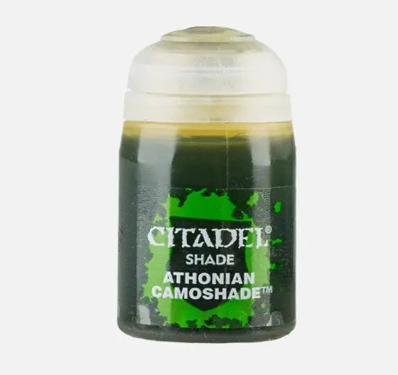 Dark green Citadel model paint bottle for Warhammer miniatures in Games Workshop Citadel Shade Paint Athonian Camoshade