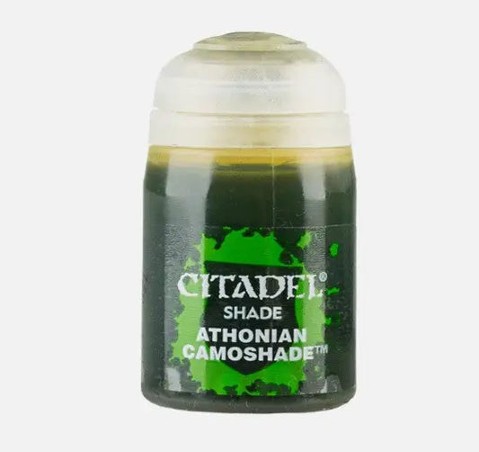 Dark green Citadel model paint bottle for Warhammer miniatures in Games Workshop Citadel Shade Paint Athonian Camoshade
