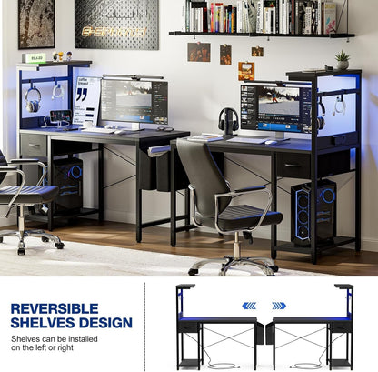 Gaming Desk 55 Inch with Power Outlet and LED Light, Computer Desk with Reversible Shelves and Storage Drawer, Pc Small Table for Home Office Table with Bag, Carbon Fiber Black-4