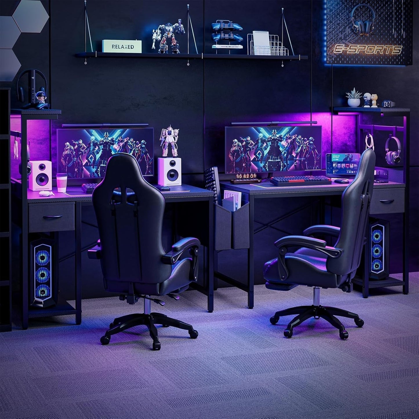 Gaming Desk 55 Inch with Power Outlet and LED Light, Computer Desk with Reversible Shelves and Storage Drawer, Pc Small Table for Home Office Table with Bag, Carbon Fiber Black-3