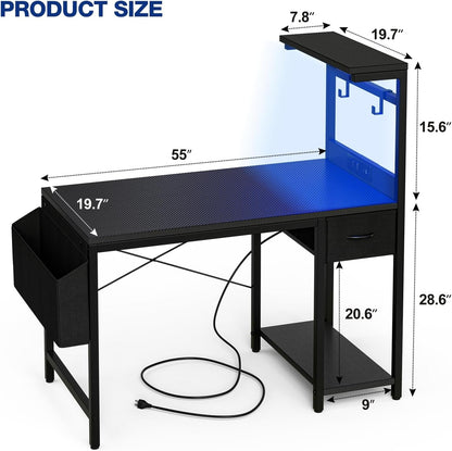 Gaming Desk 55 Inch with Power Outlet and LED Light, Computer Desk with Reversible Shelves and Storage Drawer, Pc Small Table for Home Office Table with Bag, Carbon Fiber Black-2