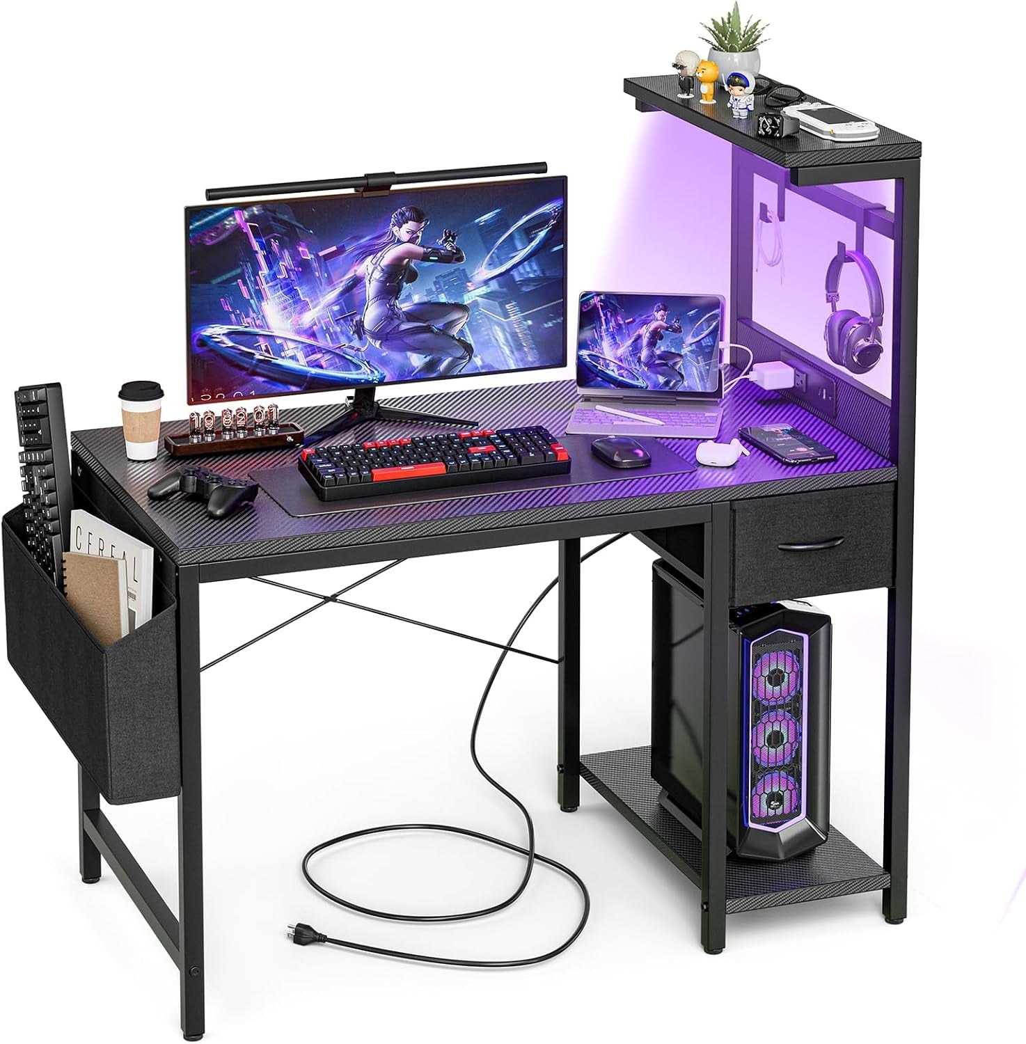 Gaming Desk 55 Inch with Power Outlet and LED Light, Computer Desk with Reversible Shelves and Storage Drawer, Pc Small Table for Home Office Table with Bag, Carbon Fiber Black-0