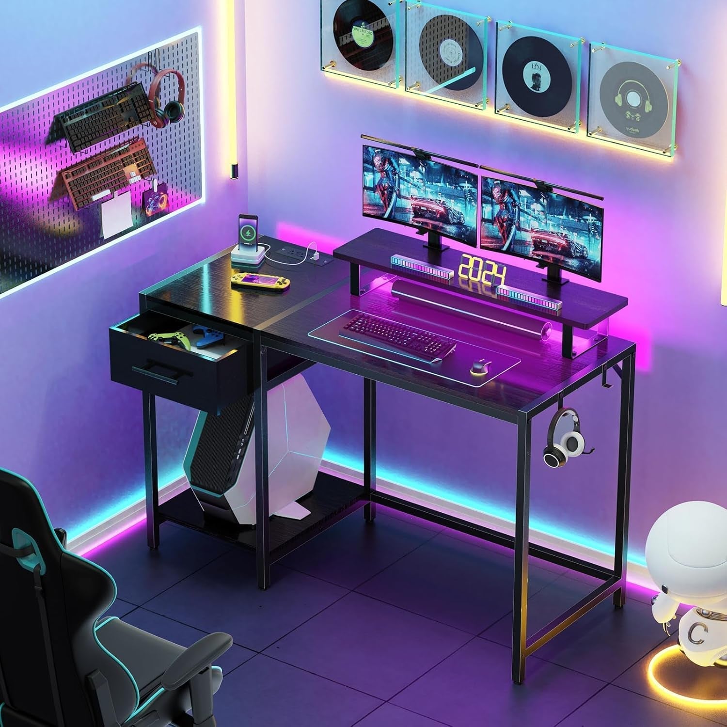 Gaming Desk With LED Lights Power Outlet And Drawers-1