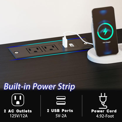 Gaming Desk With LED Lights Power Outlet And Drawers-4