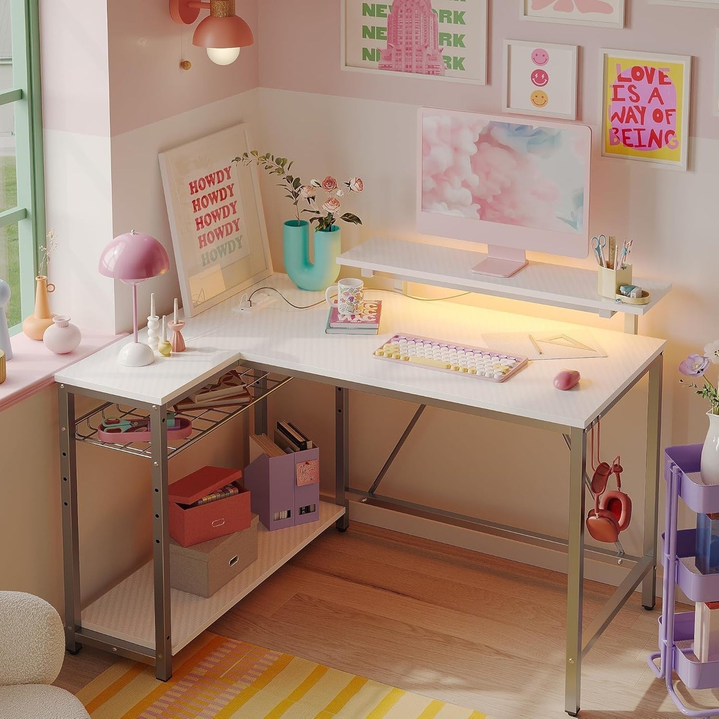 Gaming Desk with Power Outlets, 42" L-Shaped Gaming Desk with LED Lights, Desks with Reversible Storage Shelves & Hooks for Small Spaces, Bedrooms & Offices,White Carbon Fiber-0