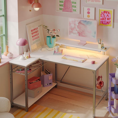 Gaming Desk with Power Outlets, 42" L-Shaped Gaming Desk with LED Lights, Desks with Reversible Storage Shelves & Hooks for Small Spaces, Bedrooms & Offices,White Carbon Fiber-0