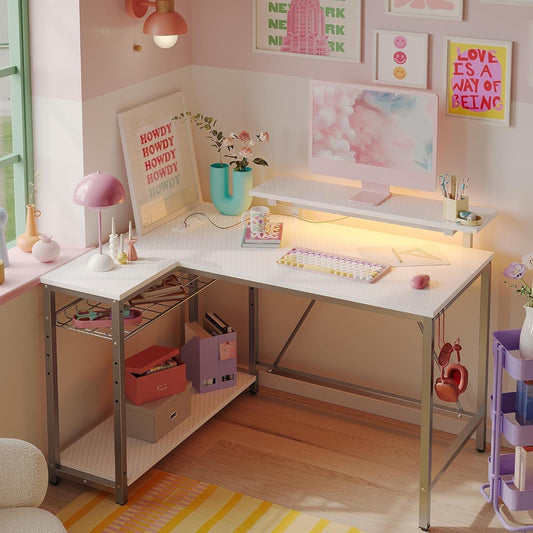 Gaming Desk with Power Outlets, 42" L-Shaped Gaming Desk with LED Lights, Desks with Reversible Storage Shelves & Hooks for Small Spaces, Bedrooms & Offices,White Carbon Fiber-0