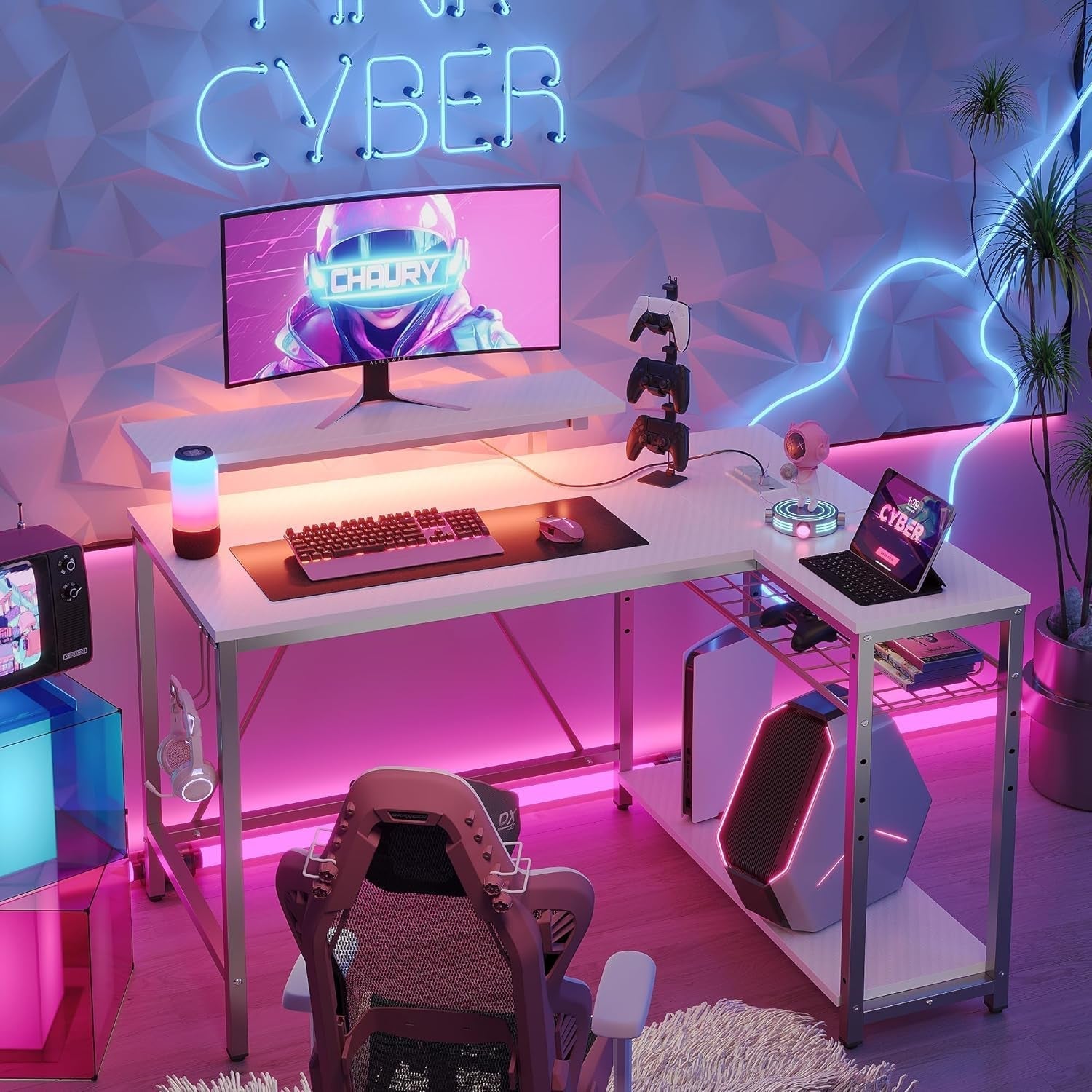 Gaming Desk with Power Outlets, 42" L-Shaped Gaming Desk with LED Lights, Desks with Reversible Storage Shelves & Hooks for Small Spaces, Bedrooms & Offices,White Carbon Fiber-3