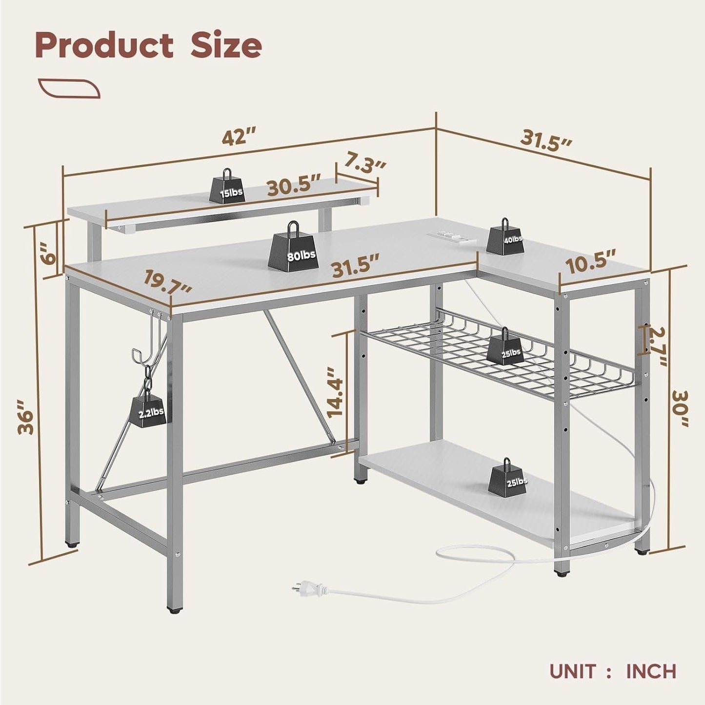 Gaming Desk with Power Outlets, 42" L-Shaped Gaming Desk with LED Lights, Desks with Reversible Storage Shelves & Hooks for Small Spaces, Bedrooms & Offices,White Carbon Fiber-1