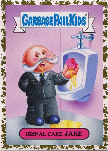 Cartoon character resembling a bald businessman with heart near urinal on American Inventors trading card