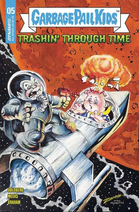 Garbage Pail Kids character in a rocket ship with explosion on cover of Garbage Pail Kids Through Time #5