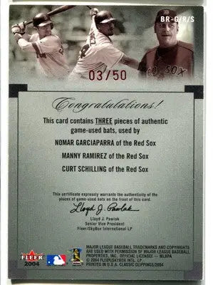 Baseball card featuring game-used bat pieces from Boston Red Sox players Garciaparra Ramirez Schilling