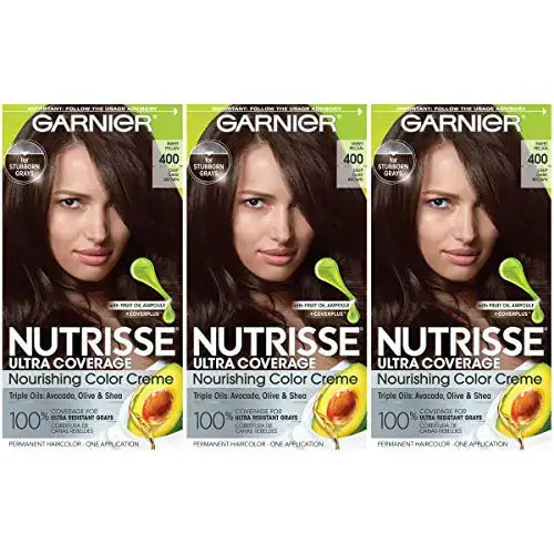 Three boxes of Garnier Nutrisse Ultra Coverage Nourishing Creme hair dye in Deep Dark Brown