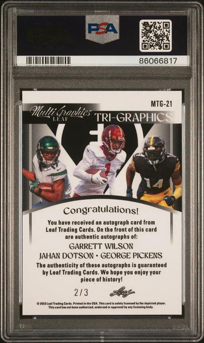PSA graded Garrett Wilson Jahan Dotson George Pickens Leaf Eclectic Triple Auto card