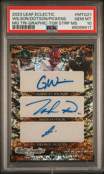 PSA 10 Gem Mint 2023 Leaf Eclectic Triple Auto with signatures from Garrett Wilson, Jahan Dotson, and George Pickens