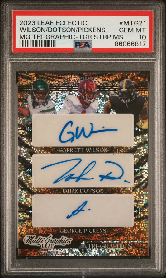 PSA 10 Gem Mint 2023 Leaf Eclectic Triple Auto with signatures from Garrett Wilson, Jahan Dotson, and George Pickens