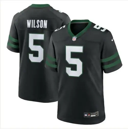 Black NFL Wilson 5 football jersey with green stripes from Garrett Wilson York Jets Nike