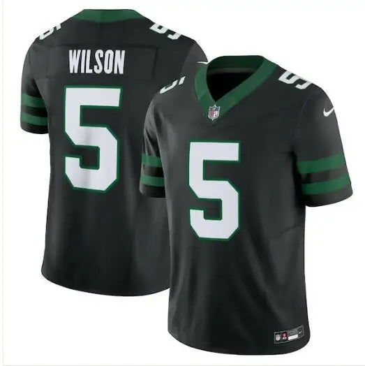 Black Garrett Wilson Jets Nike Alternate Vapor F.U.S.E. jersey with green trim and number 5