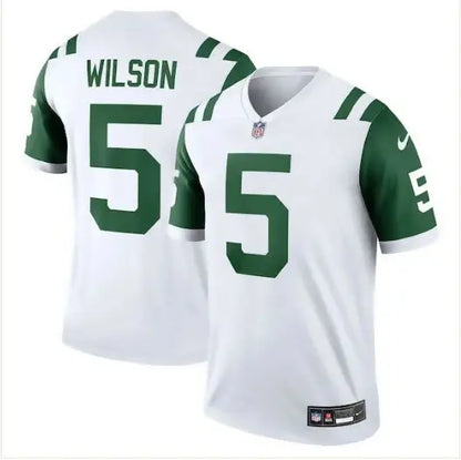 White football jersey with green sleeves and number 5 for Garrett Wilson New York Jets