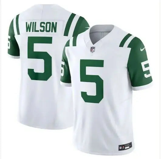 White Garrett Wilson Jets Nike Classic Alternate Vapor F.U.S.E. jersey with green sleeves