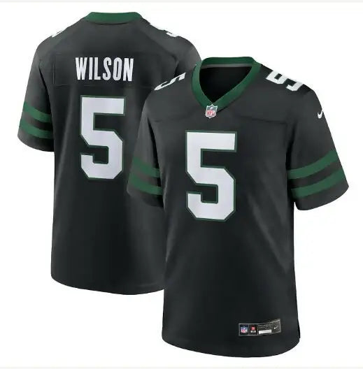 Black Garrett Wilson New York Jets Nike Game Jersey with green trim and number 5