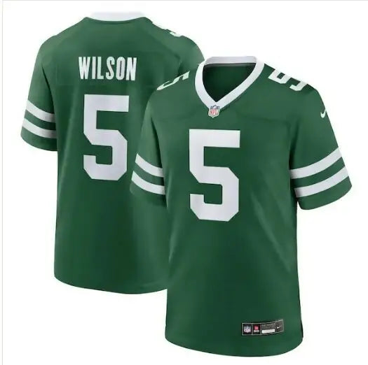 Green York Jets Nike Garrett Wilson Game Jersey with white stripes and numbers