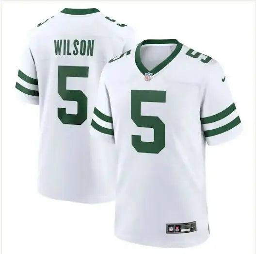 White and green Garrett Wilson New York Jets Nike Game Jersey with number 5