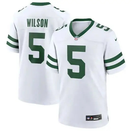 White York Jets Nike game jersey with green accents and number 5 for Garrett Wilson