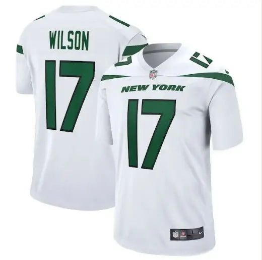 White and green Garrett Wilson New York Jets Nike Game jersey with number 17