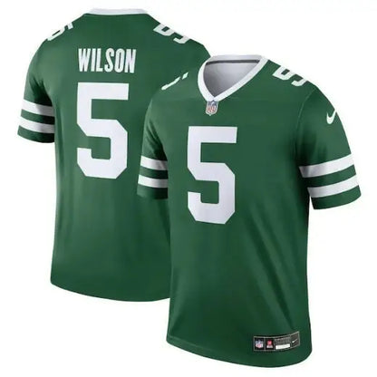 Green and white Garrett Wilson New York Jets Nike Legend Jersey with number 5