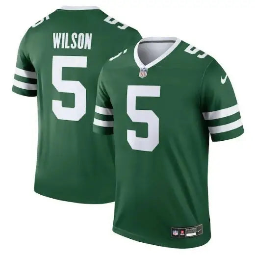 Green and white Garrett Wilson New York Jets Nike Legend Jersey with number 5