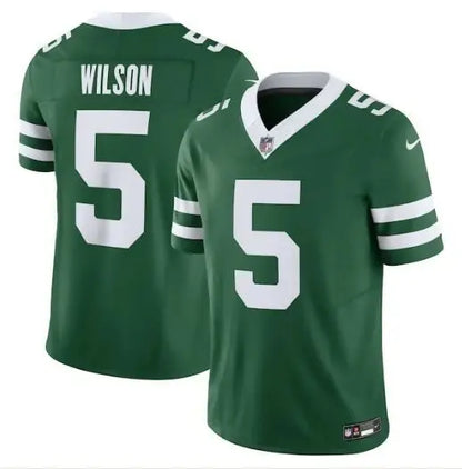 Green and white Garrett Wilson Jets Nike Vapor F.U.S.E. jersey with number 5