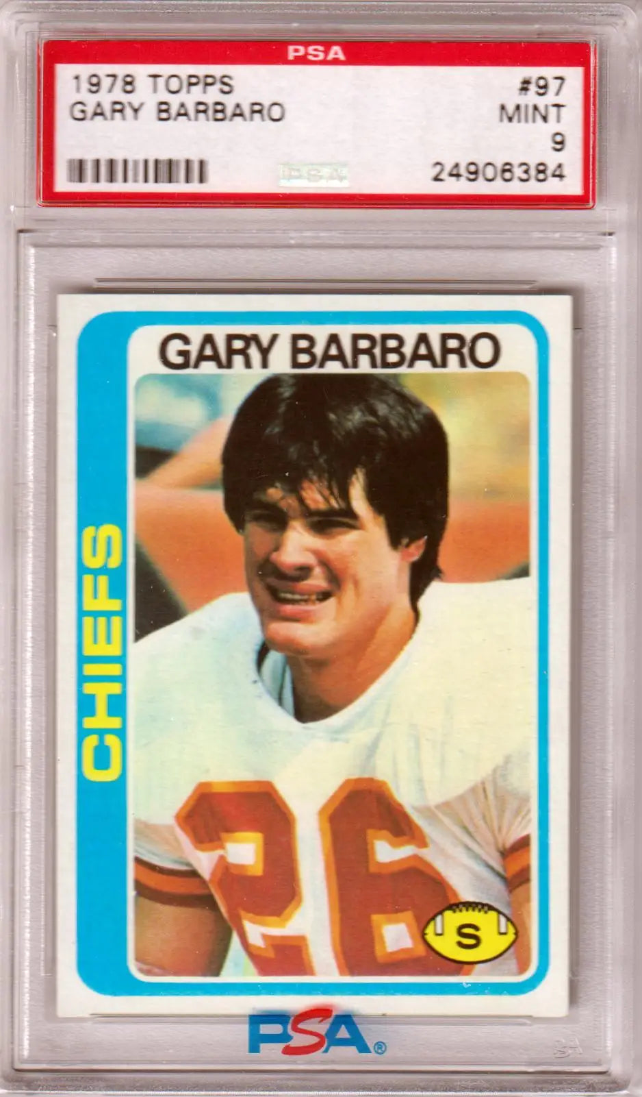 Graded Gary Barbaro Kansas City Chiefs football card from 1978 Topps PSA 9 MINT