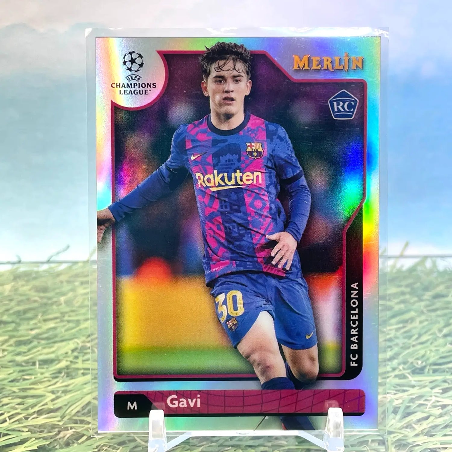 Collectible Gavi 2022 Topps Merlin Silver Refractor soccer trading card featuring FC Barcelona midfielder